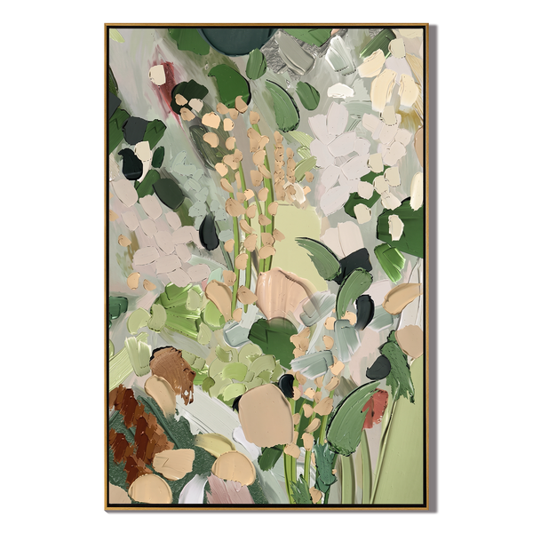 The Secret Garden – Modern Sage Green Impasto Floral Painting | Organic Living Room Vertical Canvas Art