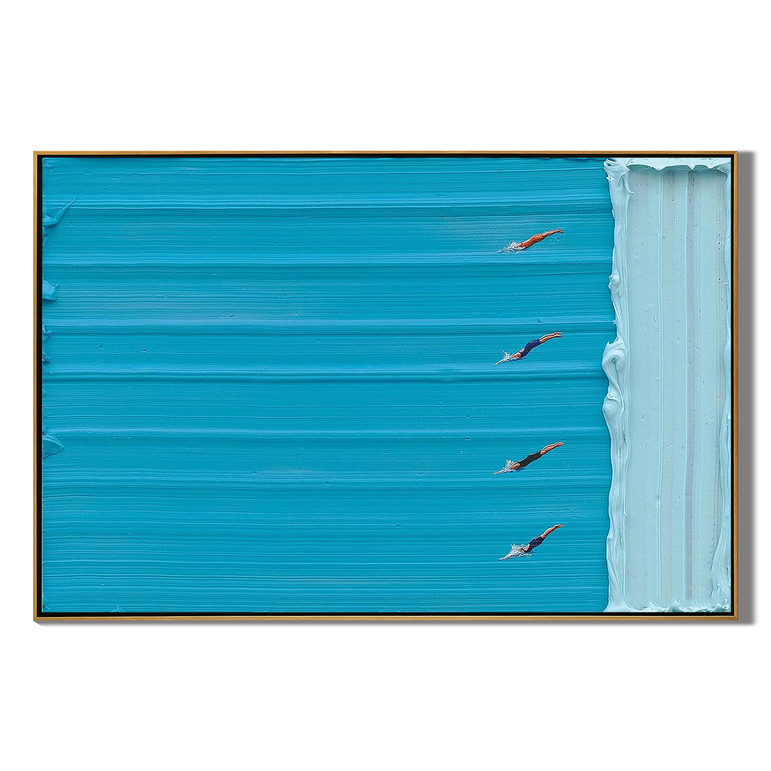 AZURE COMPETITION: Sport Wall Art, Hand-Painted Horizontal Minimalist Swimming Pool Azure Blue 3D Textured Canvas Painting