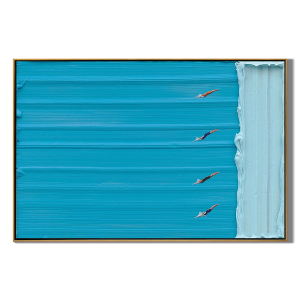 Azure Competition – Hand-Painted Minimalist Swimming Pool Azure Blue Sport Painting | Contemporary Sport Home Office & Living Room Art