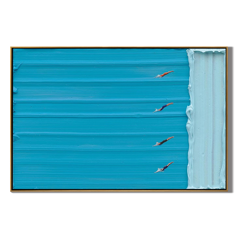 Azure Competition – Hand-Painted Minimalist Swimming Pool Azure Blue Sport Painting | Contemporary Sport Home Office & Living Room Art
