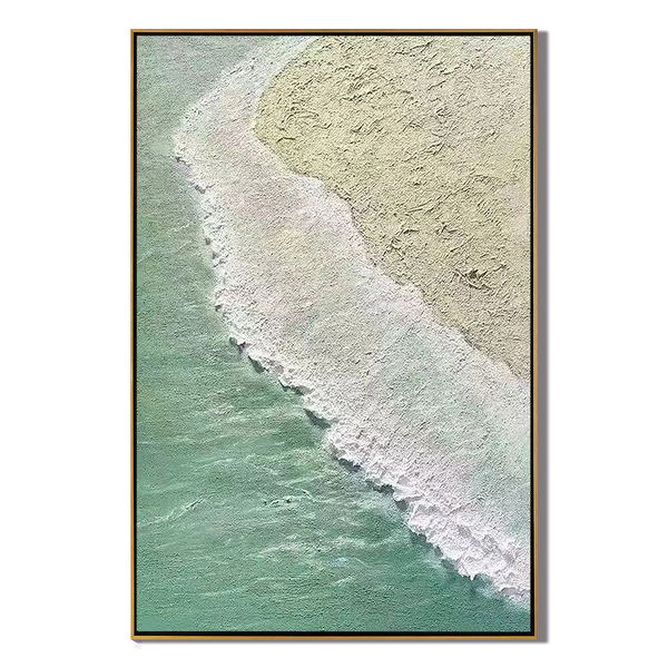 Coastal Rhythm – Hand-Painted Mint Green Sea Foam Aerial View 3D Plaster Effect Nature Painting | Contemporary Landscape Living Room & Dining Room Art