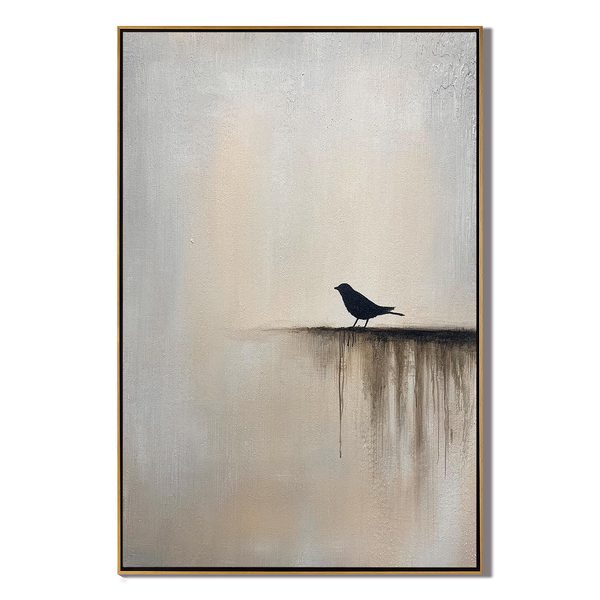 The Silent Roost – Wabi-Sabi Minimalist Solitary Bird Painting | Modern Warm Grey Home Office Art