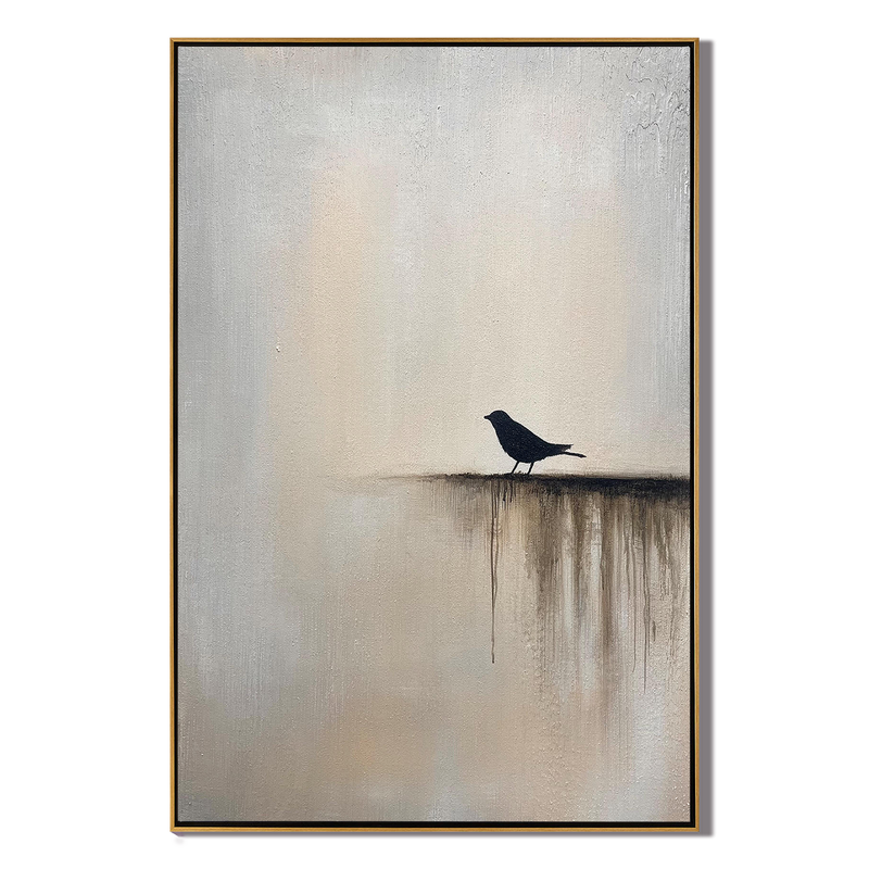 The Silent Roost – Wabi-Sabi Minimalist Solitary Bird Painting | Modern Warm Grey Home Office Art