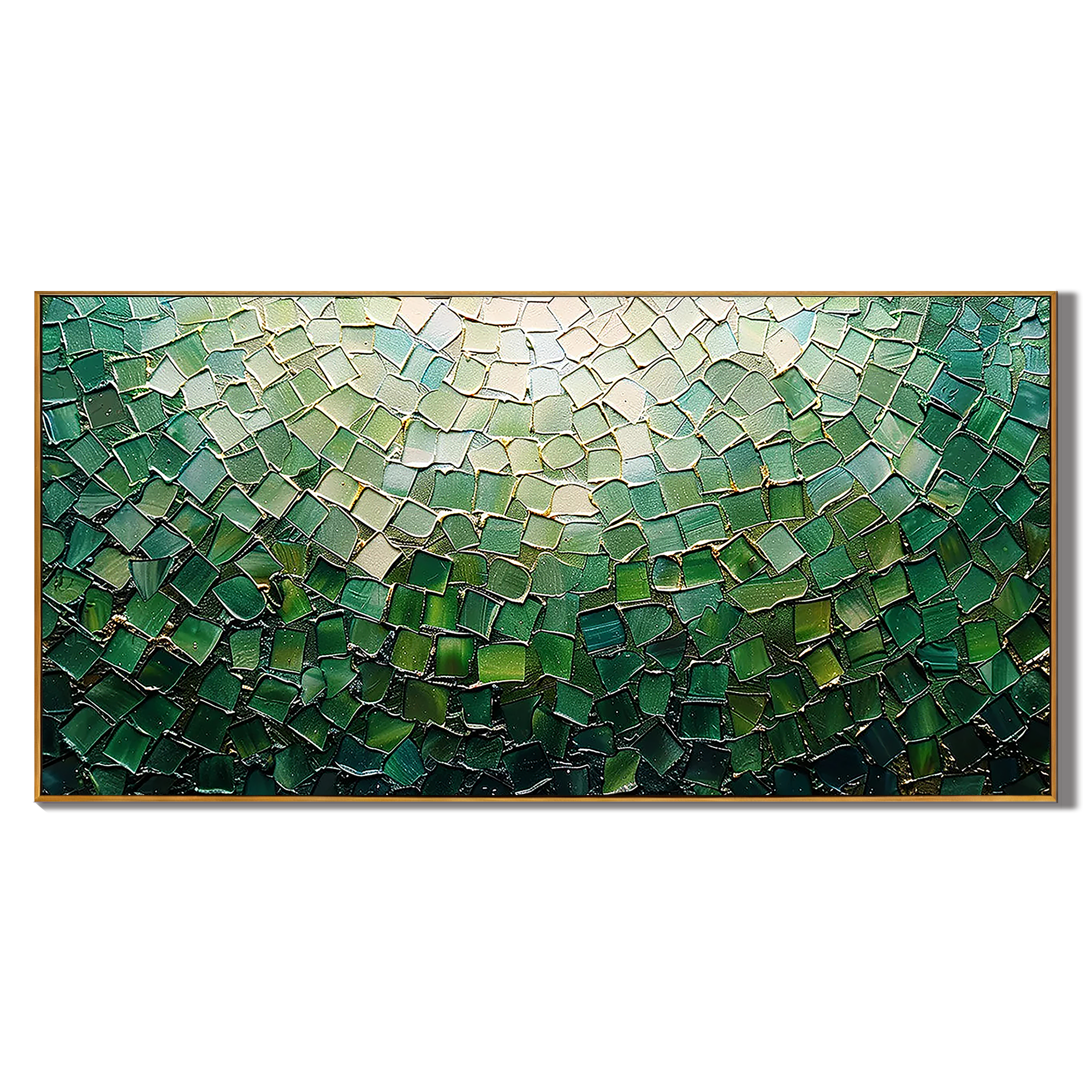 Emerald Scales – Modern Impasto Mosaic Abstract Painting | Luxury Gilded Teal Panorama Living Room Art