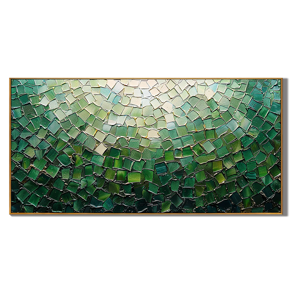 Emerald Scales – Modern Impasto Mosaic Abstract Painting | Luxury Gilded Teal Panorama Living Room Art