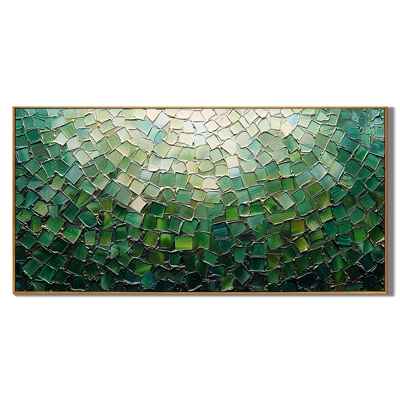 Emerald Scales – Modern Impasto Mosaic Abstract Painting | Luxury Gilded Teal Panorama Living Room Art