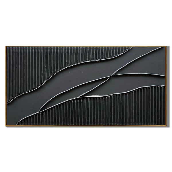 Obsidian Flow – Modern 3D Linear Abstract Minimalist Painting | Bold Minimalist Bedroom & Home Office Art