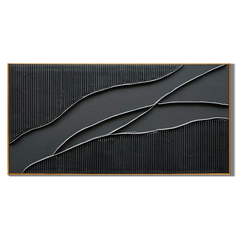 Obsidian Flow – Modern 3D Linear Abstract Minimalist Painting | Bold Minimalist Bedroom & Home Office Art