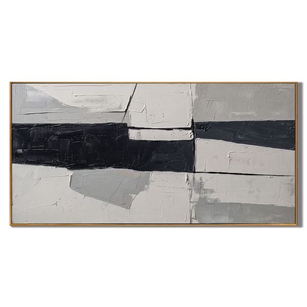 Geometric Edge – Modern Minimalist Black & White Abstract Oil Painting | Structural Color Block Office Art