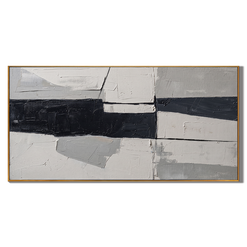 Geometric Edge – Modern Minimalist Black & White Abstract Oil Painting | Structural Color Block Office Art