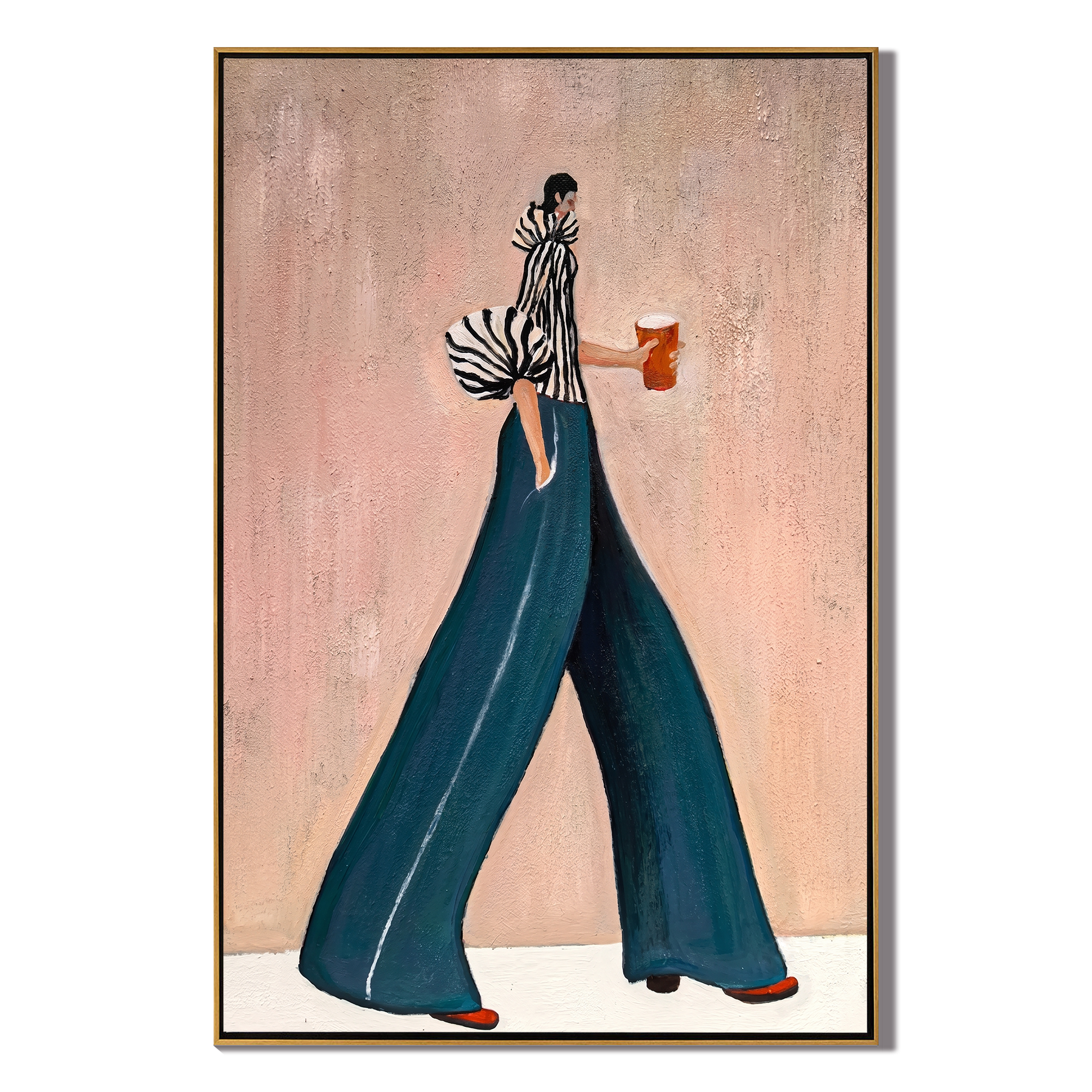The Urban Stride – Avant-Garde Zebra Striped & Teal Figures Painting | Chic Dusty Pink Living Room Art