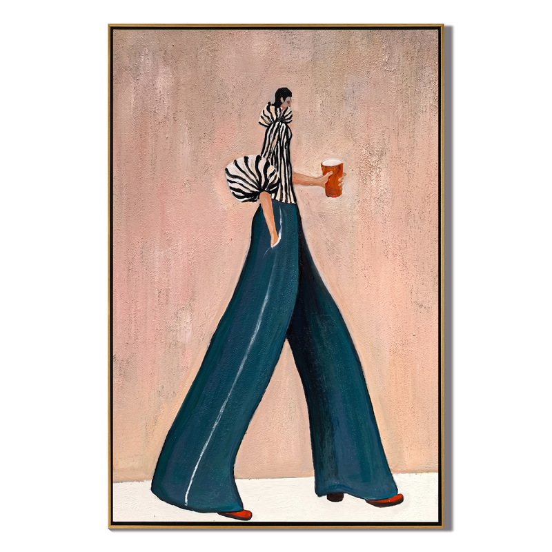 The Urban Stride – Avant-Garde Zebra Striped & Teal Figures Painting | Chic Dusty Pink Living Room Art