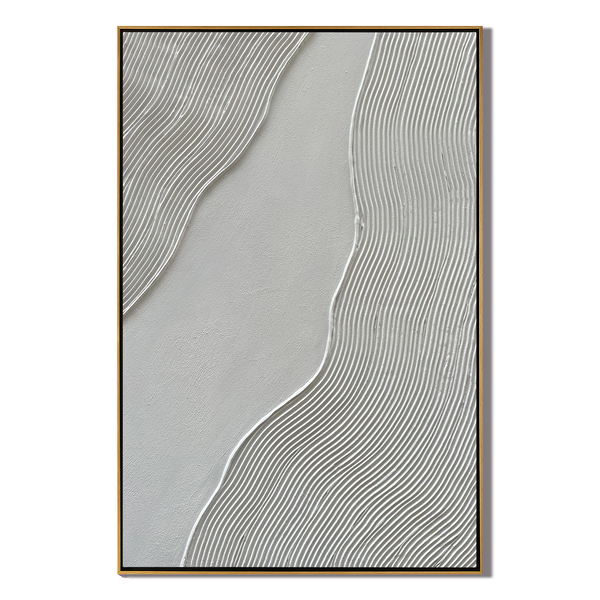 Silk Ripples – Modern White Linear Wave Relief Texture Painting | Contemporary Plaster Texture Living Room & Office Art