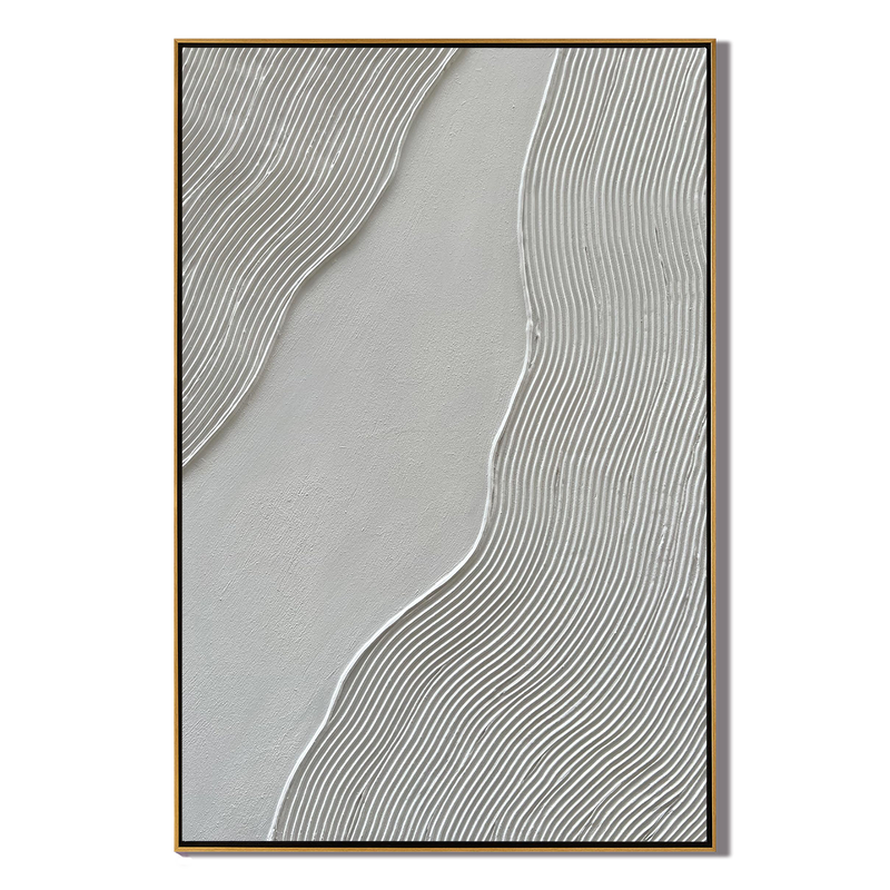 Silk Ripples – Modern White Linear Wave Relief Texture Painting | Contemporary Plaster Texture Living Room & Office Art
