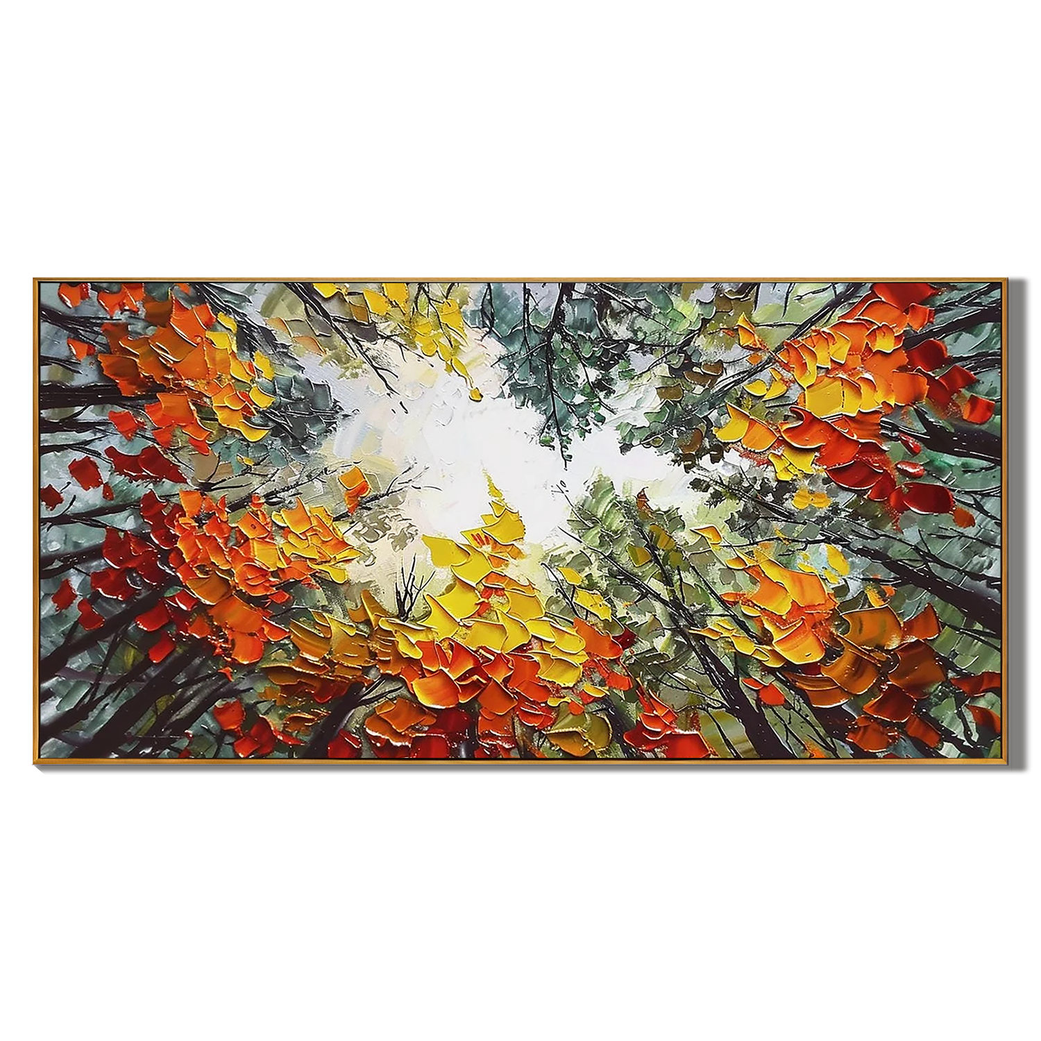 AUTUMN CANOPY: Forest Wall Art, Hand-Painted Worm's-Eye View Autumn Tree Leaves Palette Knife Heavy Texture Canvas Painting