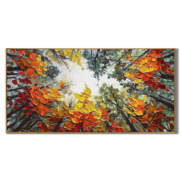 Autumn Canopy – Hand-Painted Worm's-Eye View Autumn Tree Leaves Palette Knife Forest Painting | Contemporary Landscape Living Room & Dining Room Art