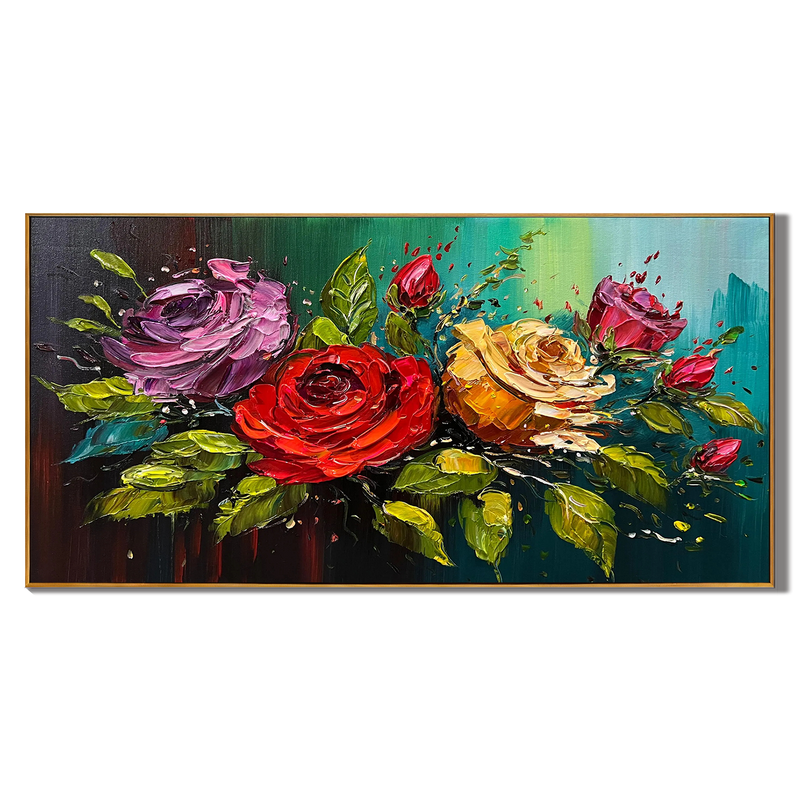 Velvet Roses – Vibrant Floral Relief Floral Painting | Vibrant Botanical Living Room & Dining Room Art