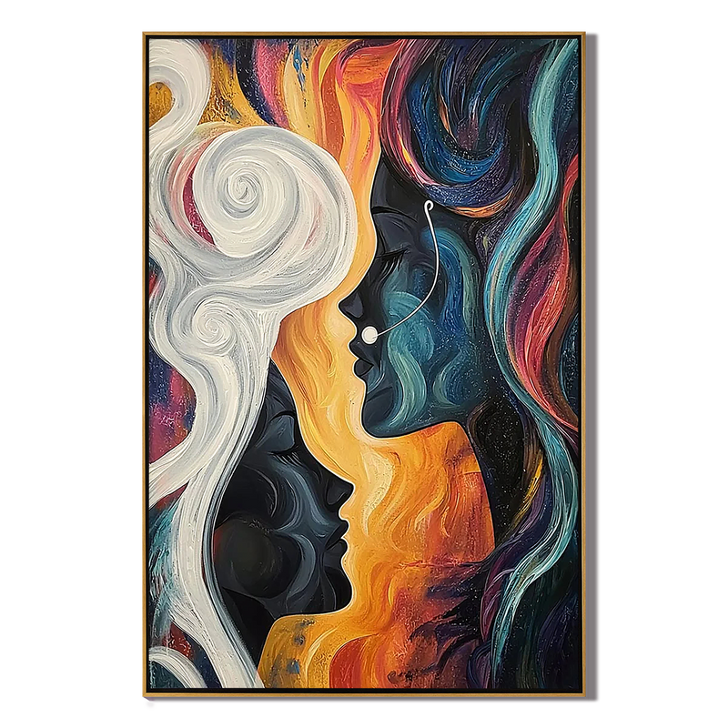Mystic Faces – Hand-Painted Multicolored Surrealist Face Profile Portrait Painting | Bold Expressionist Living Room & Dining Room Art