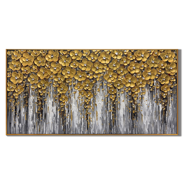 Golden Symphony – Modern 3D Relief Floral Oil Painting | Luxury Heavy Impasto Living Room Art