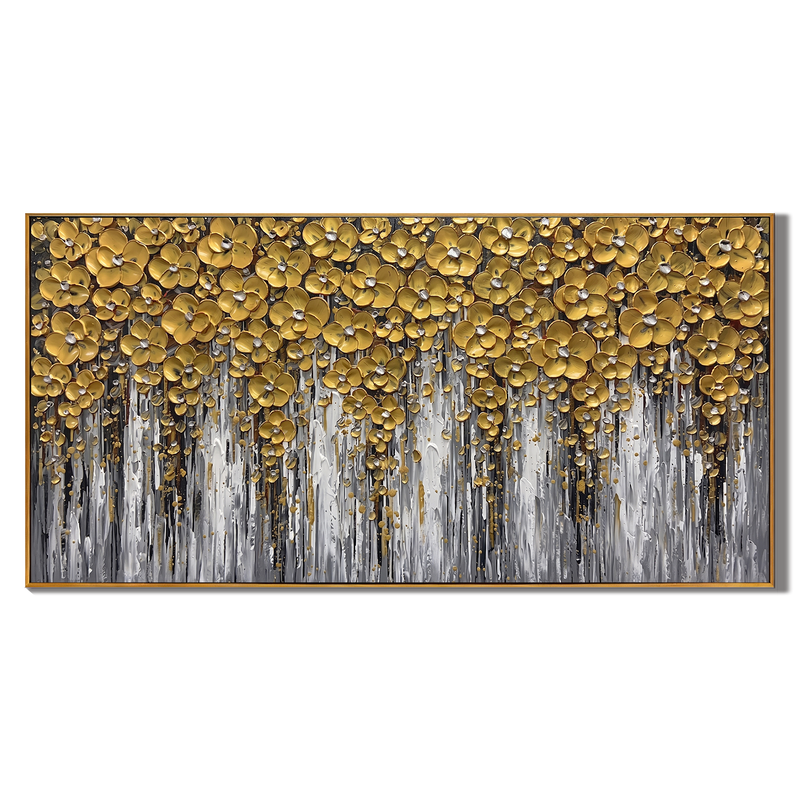 Golden Symphony – Modern 3D Relief Floral Oil Painting | Luxury Heavy Impasto Living Room Art