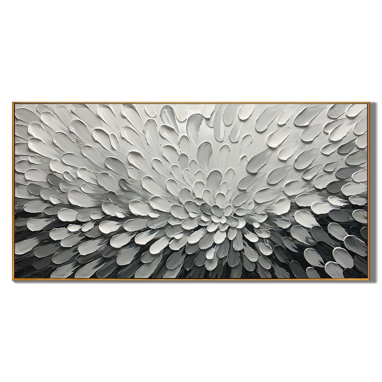 SILVER SURGE: Panoramic 3D Plaster Texture Wall Art, Grayscale Impasto Palette Knife Painting