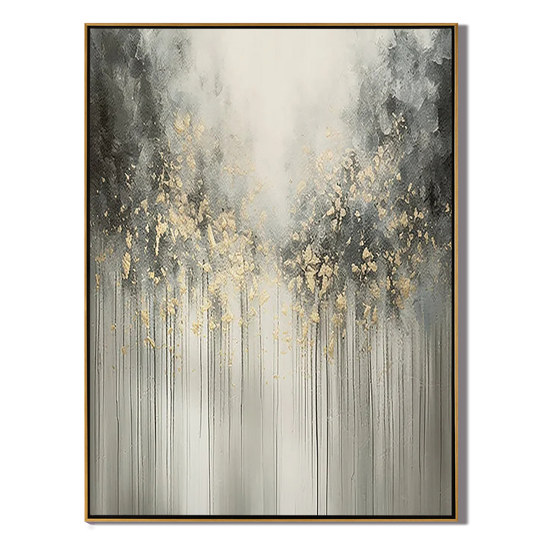 Golden Rain – Abstract Grey & Gold Drip Relief Texture Painting | Modern Abstract Living Room & Office Art