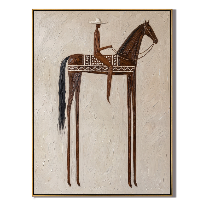 Chevron Blanket – Vintage Americana Rider on Patterned Horse Painting | Folk Art Hallway Art