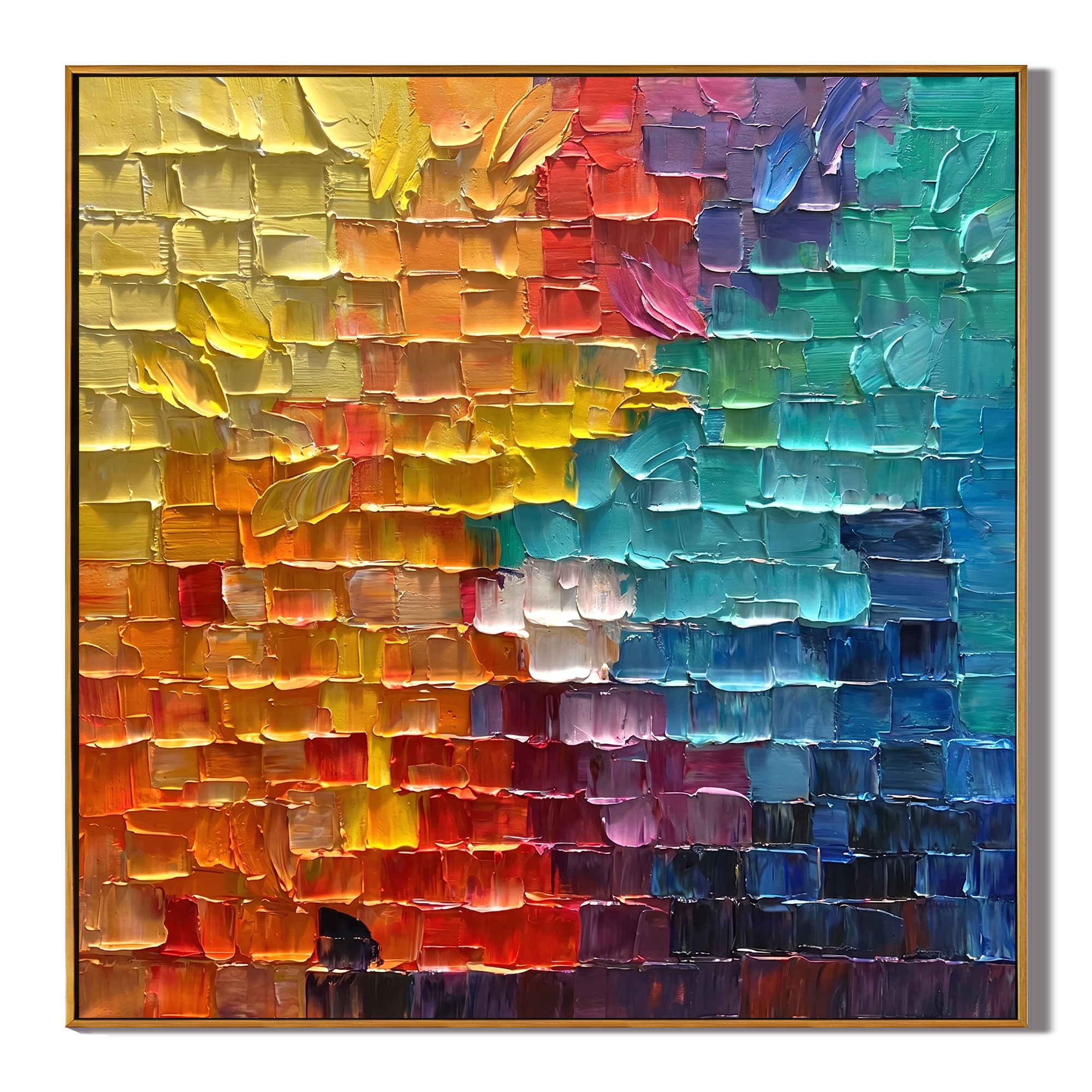 Chroma Grid – Modern Impasto Pixelated Abstract Oil Painting | Creative 3D Textured Mosaic Hallway Art