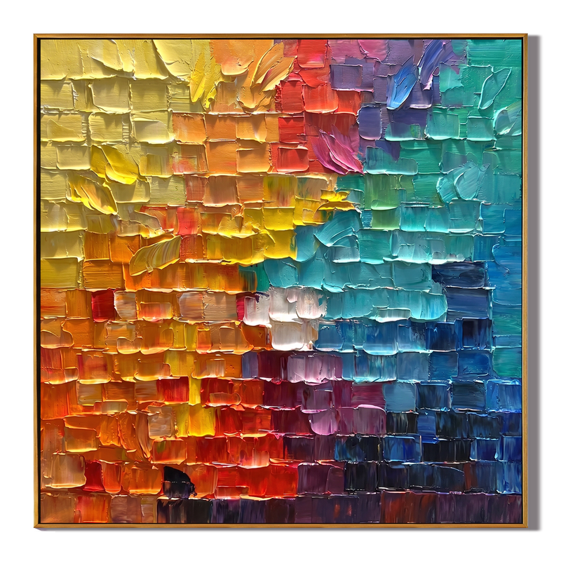 Chroma Grid – Modern Impasto Pixelated Abstract Oil Painting | Creative 3D Textured Mosaic Hallway Art