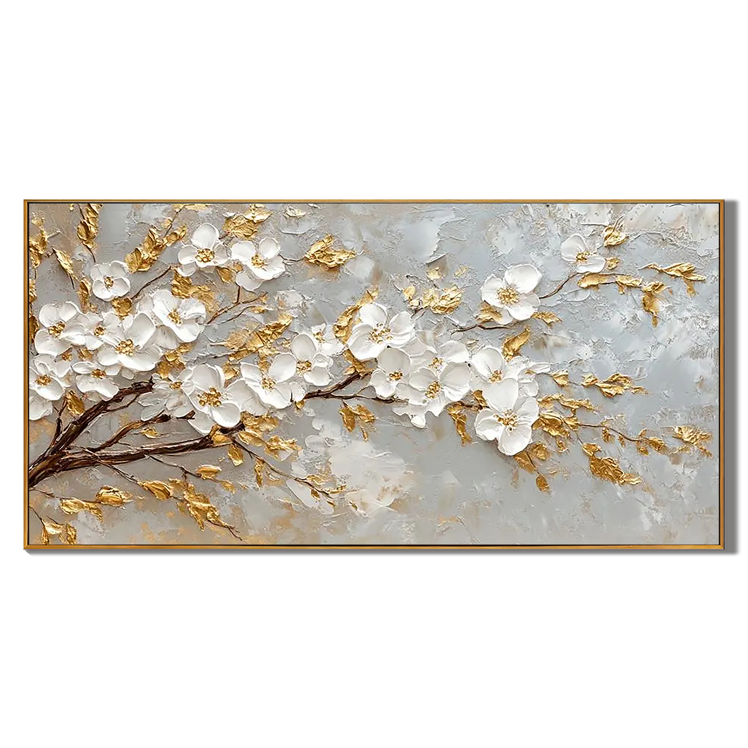 GOLDEN ORCHARD: Floral Wall Art, 3D Impasto White Cherry Blossom Hand-Painted Textured Canvas Painting