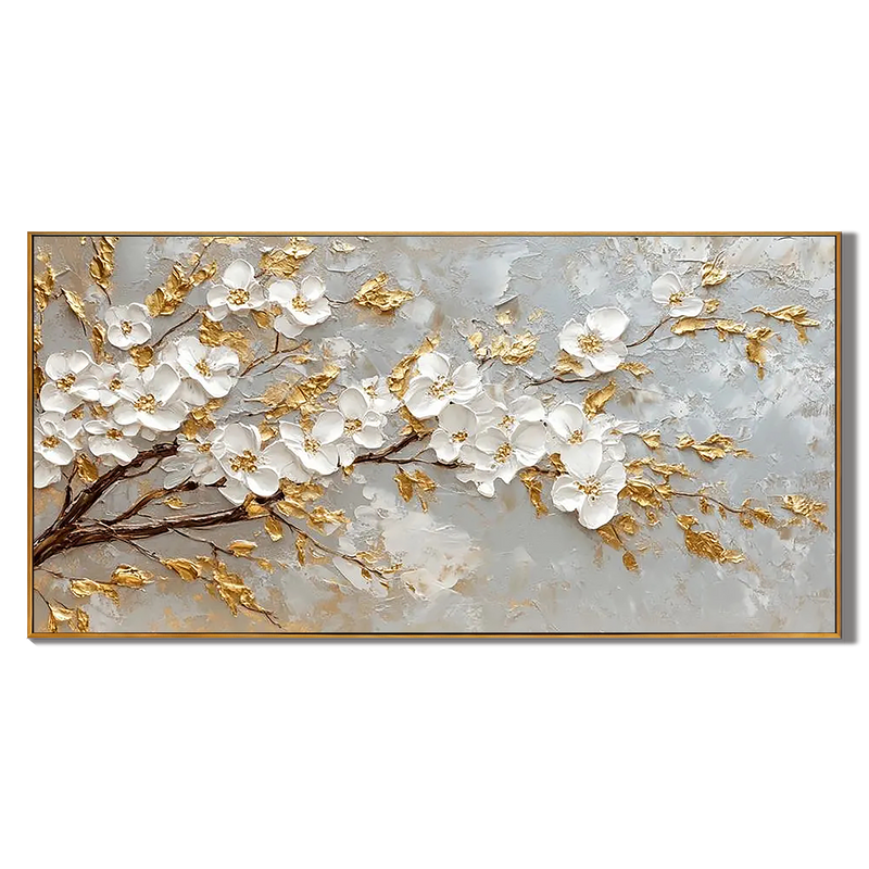 Golden Orchard – 3D Impasto White Cherry Blossom Hand-Painted Floral Painting | Modern Luxury Botanical Bedroom & Living Room Art