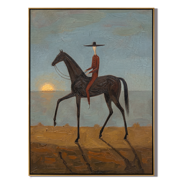 The Red Coat – Vintage Americana Lone Rider at Sunset Painting | Bold Western Living Room Art