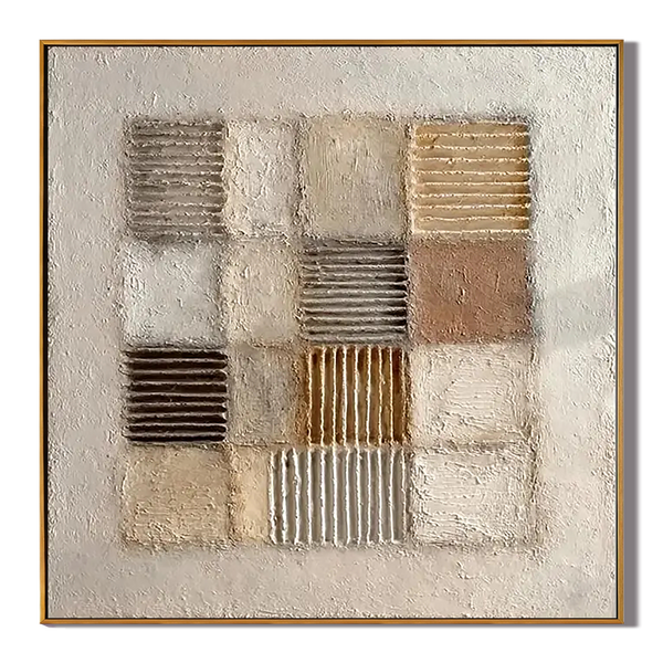 Sand Grid – Neutral Plaster Relief Mosaic Wabi-Sabi Painting | Japandi Organic Wabi-Sabi Living Room & Hallway Art