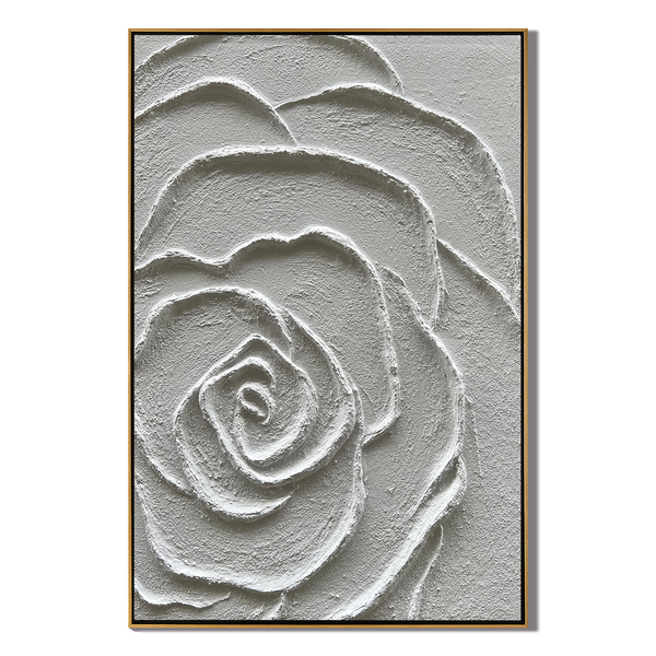 Petal Sculpture – 3D White Rose Relief Minimalist Painting | Contemporary Botanical Bedroom & Living Room Art