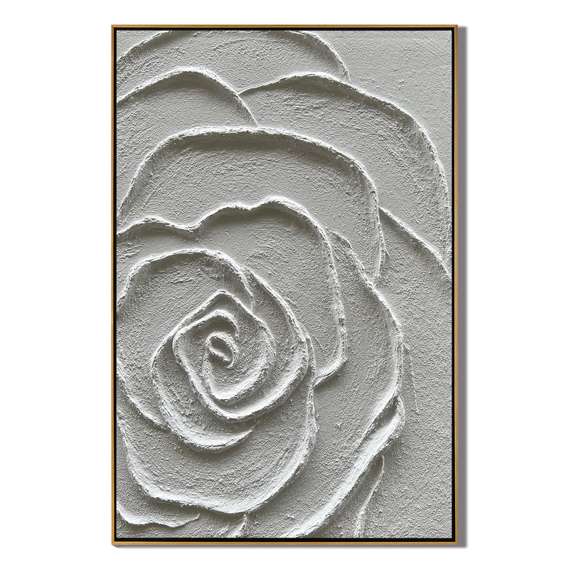 Petal Sculpture – 3D White Rose Relief Minimalist Painting | Contemporary Botanical Bedroom & Living Room Art