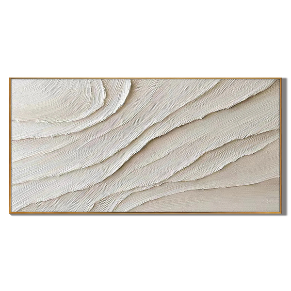 Desert Rhythm – Hand-Painted Creamy White Fluid Plaster Lines Minimalist Painting | Modern Minimalist Bedroom & Home Office Art