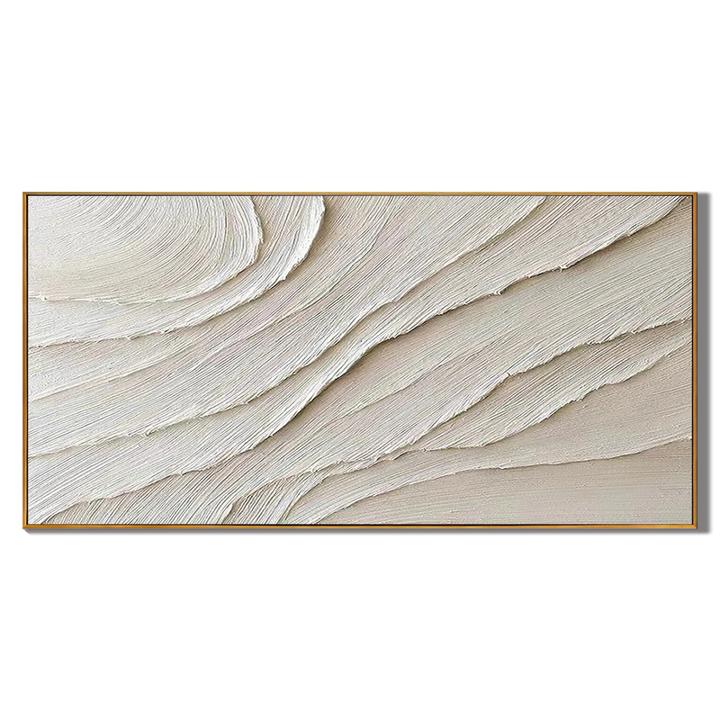 Desert Rhythm – Hand-Painted Creamy White Fluid Plaster Lines Minimalist Painting | Modern Minimalist Bedroom & Home Office Art