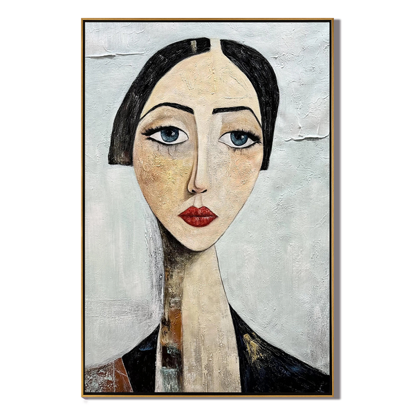 The Sapphire Gaze – Expressionist Modigliani-Style Woman Portrait Painting | Retro Minimalist Living Hallway Art