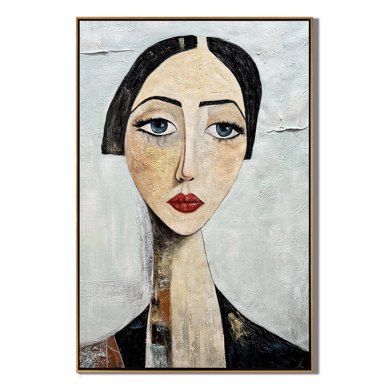 The Sapphire Gaze – Expressionist Modigliani-Style Woman Portrait Painting | Retro Minimalist Living Hallway Art