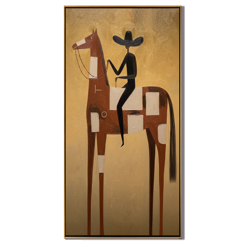 The Patchwork Horse – Vintage Americana Dark Rider on Geometric Horse Painting | Folk Art Hallway Art