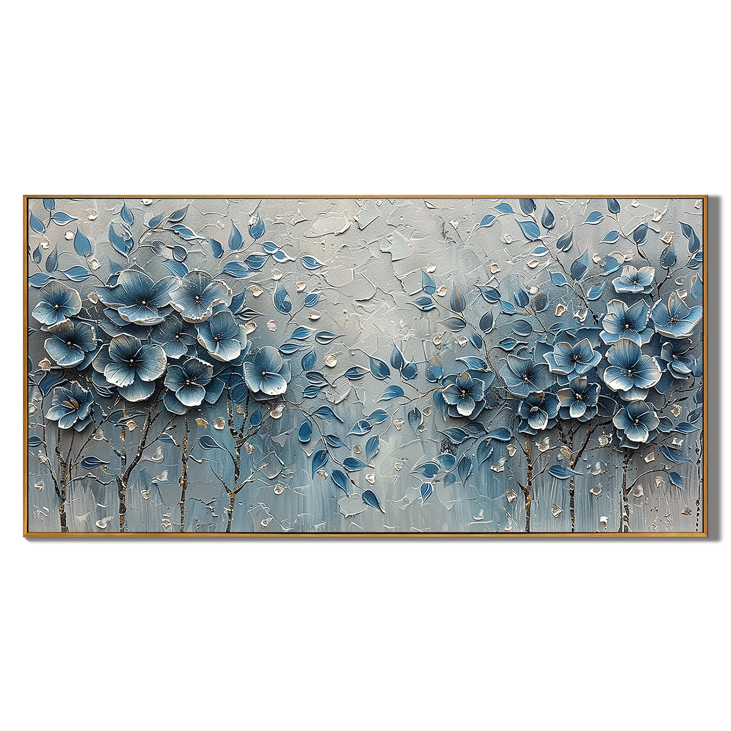 MIDNIGHT NAVY: Panoramic Heavy Texture Floral Oil Painting, 3D Blue Flower Wall Art