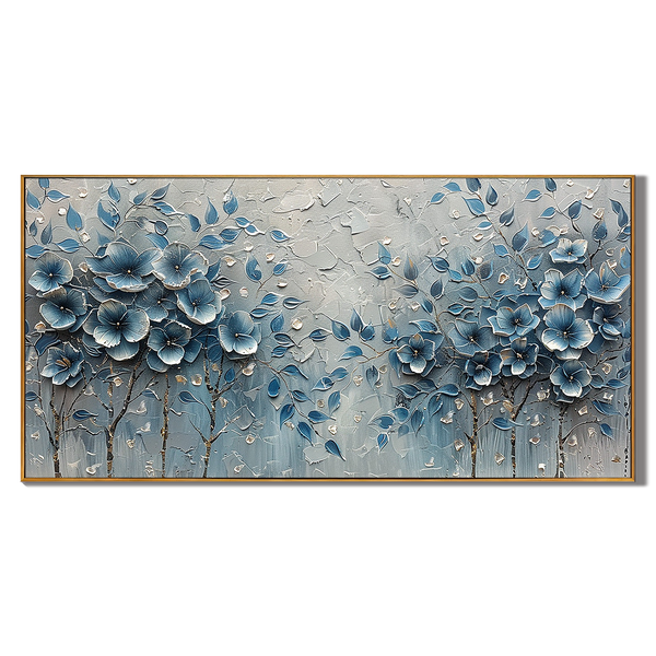 Midnight Navy – Panoramic Heavy Texture Floral Oil Floral Painting | Contemporary Botanical Bedroom & Living Room Art