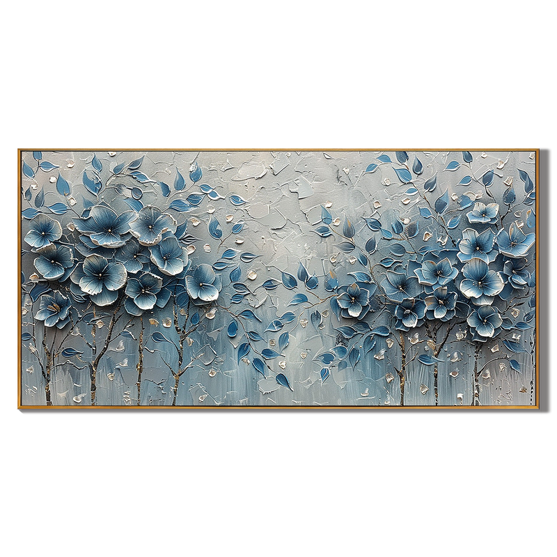 Midnight Navy – Panoramic Heavy Texture Floral Oil Floral Painting | Contemporary Botanical Bedroom & Living Room Art