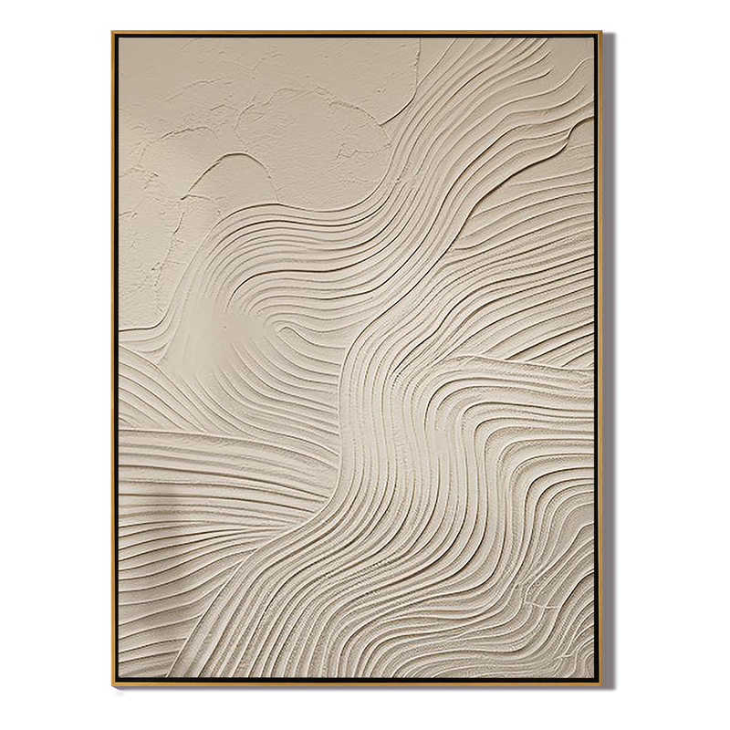 Zen Ripple – Hand-Painted Beige Organic Wave Line Plaster Effect Wabi-Sabi Painting | Japandi Organic Wabi-Sabi Living Room & Hallway Art