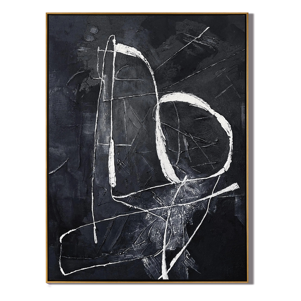 Dark Lineage – Hand-Painted Black and White Abstract Line Minimalist Painting | Bold Minimalist Bedroom & Home Office Art