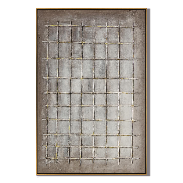 Ancient Grid – Modern Neutral Plaster Relief Grid Wabi-Sabi Painting | Japandi Organic Wabi-Sabi Living Room & Hallway Art