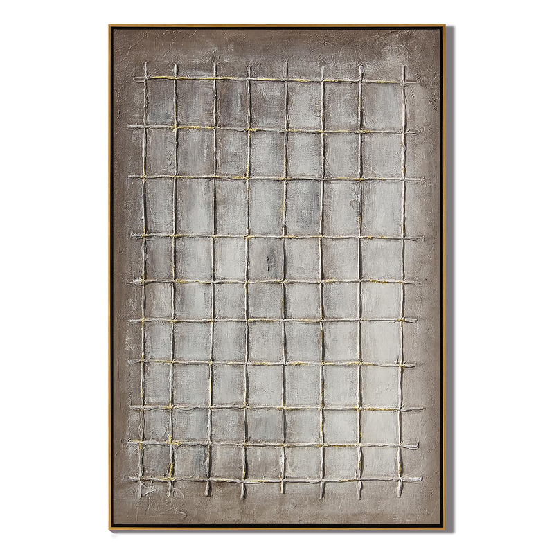 Ancient Grid – Modern Neutral Plaster Relief Grid Wabi-Sabi Painting | Japandi Organic Wabi-Sabi Living Room & Hallway Art