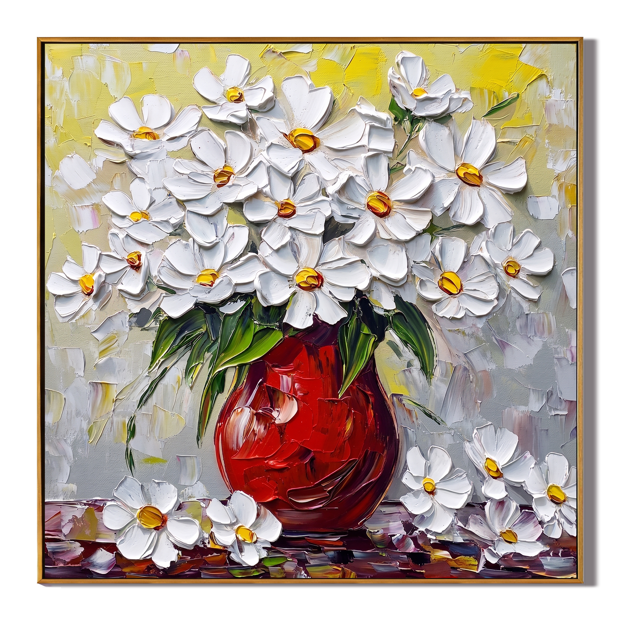 Ode to Midsummer – Impasto Painting of a Red Vase with White Chrysanthemums | Rustic-Style Entryway Art