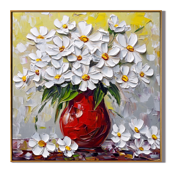 Ode to Midsummer – Impasto Painting of a Red Vase with White Chrysanthemums | Rustic-Style Entryway Art