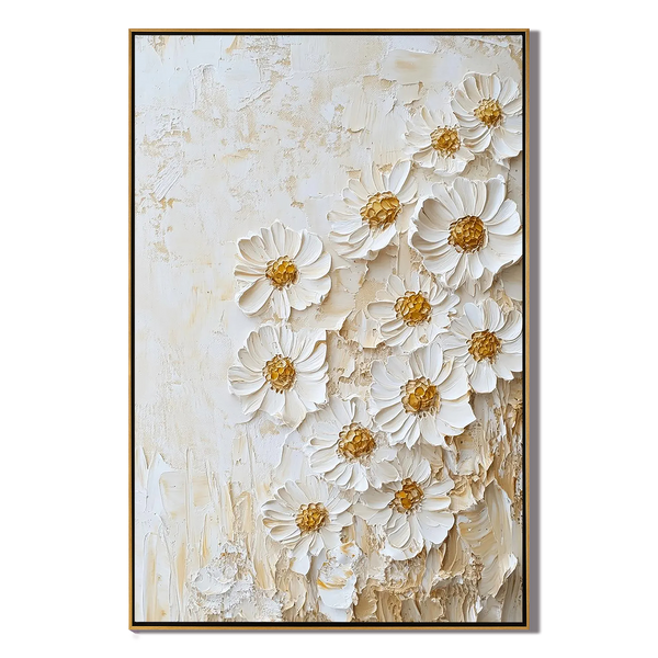 Pure Elegance – Creamy White Plaster Effect Impasto Daisy Art Floral Painting | Soft Organic Botanical Bedroom & Living Room Art